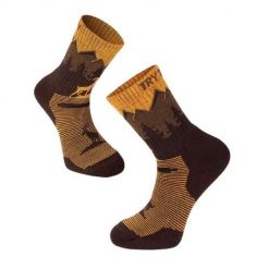 Skarpety trekkingowe z wełny merynosowej z żółtym alpejskim koziorożcem. Żółte skarpety TRY TO FLY, bez wzorów, z wełny. W wyprzedaży za 83.39 zł.