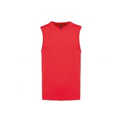 Sweter bez rękawów z dekoltem w szpic Kariban. Czerwone swetry nierozpinane KARIBAN, na zimę, m, bez wzorów, z bawełny, bez kołnierzyka, bez ramiączek. Za 194.00 zł.