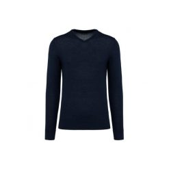 Sweter v-neck z merynosów Kariban Premium. Niebieskie swetry nierozpinane KARIBAN, na zimę, m, bez wzorów, bez kołnierzyka, bez ramiączek. Za 305.50 zł.