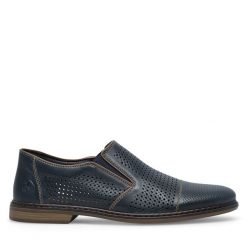 Półbuty Rieker. Niebieskie eleganckie półbuty Rieker, bez wzorów, bez obcasa, bez zapięcia. Za 349.99 zł.