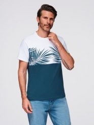 T-shirt meski dwukolorowy z nadrukiem w liście palmy - ciemnoniebieski V1 - Rozmiar: S. Niebieskie t-shirty Ombre Clothing, m, bez wzorów, z dzianiny, bez kołnierzyka, bez ramiączek. W wyprzedaży za 19.99 zł.