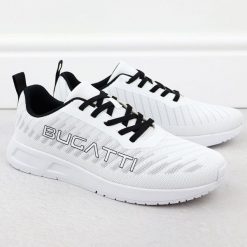 Półbuty sportowe męskie białe Bugatti 345-98003-6900. Białe eleganckie półbuty Bugatti, bez wzorów, z materiału, bez obcasa, bez zapięcia. Za 157.50 zł.