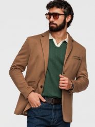 Dzianinowa męska marynarka o dopasowany kroju SLIM FIT - jasnobrązowa V4 - Rozmiar: L. Brązowe garnitury Ombre Clothing, do pracy, l, bez wzorów, z bawełny. Za 379.99 zł.