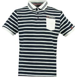 Koszulka polo "Kungfu" w kolorze granatowo-białym. Koszulki polo marki Geographical Norway Men, w paski, z bawełny, polo, z krótkim rękawem. W wyprzedaży za 86.95 zł.