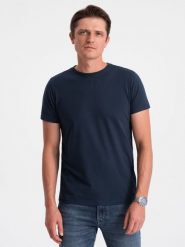 Klasyczny T-shirt męski bawełniany BASIC - granatowy V2 OM-TSBS-0146 - XXL. Niebieskie t-shirty Ombre Clothing, l, bez wzorów, z bawełny, bez kołnierzyka, bez ramiączek. W wyprzedaży za 24.99 zł.