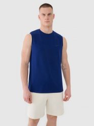 4F Tank top regular gładki męski - granatowy XL. Niebieskie bezrękawniki 4F, m, bez wzorów, z bawełny, bez kołnierzyka, bez ramiączek. Za 59.99 zł.