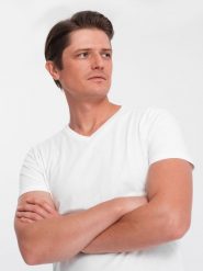Klasyczna męska bawełniana koszulka z dekoltem w serek BASIC - biała V4 OM-TSBS-0145 - XL. Białe t-shirty Ombre Clothing, l, bez wzorów, z bawełny, bez kołnierzyka, bez ramiączek. W wyprzedaży za 24.99 zł.