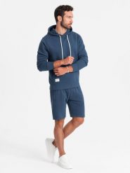 Męski dresowy komplet bluza kangurka + szorty – ciemnoniebieski V4 Z75 - XL. Niebieskie krótkie spodenki sportowe Ombre Clothing, m, bez wzorów, z bawełny. Za 131.99 zł.