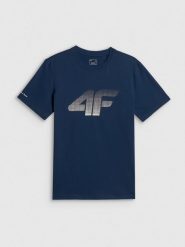 4F T-shirt regular z nadrukiem męski - granatowy S. Niebieskie t-shirty 4F, m, bez wzorów, z bawełny, bez kołnierzyka, bez ramiączek. Za 69.99 zł.