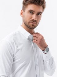 Koszula męska z długim rękawem SLIM FIT - biała - Rozmiar: S. Białe koszule Ombre Clothing, m, bez wzorów, z bawełny, bez kołnierzyka, bez ramiączek. W wyprzedaży za 39.99 zł.
