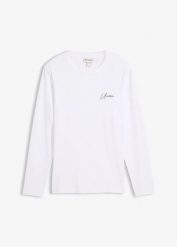 Bluzka z długim rękawem z bawełny organicznej, slim fit. Białe bluzki z długim rękawem bonprix, m, bez wzorów, z bawełny, bez kołnierzyka, bez ramiączek. Za 69.99 zł.
