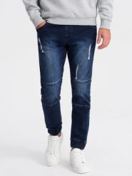 Spodnie męskie marmurkowe JOGGERY z przetarciami - ciemnoniebieskie V1 OM-PADJ-0153 - XXL. Niebieskie joggery i bojówki Ombre Clothing, l, bez wzorów, z bawełny. W wyprzedaży za 89.99 zł.