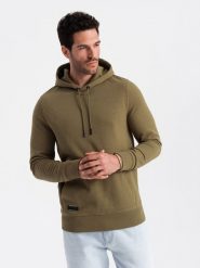 Bluza męska dresowa kangurka z kapturem BASIC – oliwkowa V2 OM-SSBN-0161 - XXL. Zielone bluzy Ombre Clothing, l, bez wzorów, z dresówki, z kapturem. Za 113.99 zł.