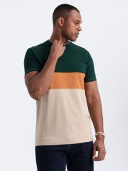 T-shirt męski trójkolorowy w szerokie pasy - zielono-beżowy V4 - Rozmiar: L. Zielone t-shirty Ombre Clothing, l, z aplikacjami, z bawełny, bez kołnierzyka, bez ramiączek. W wyprzedaży za 19.99 zł.