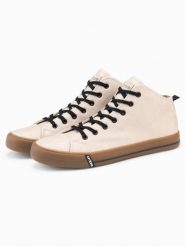 Kontrastowe męskie trampki z podwyższoną cholewką – beżowe V6. Brązowe trampki Ombre Clothing, m, bez wzorów, bez zapięcia. W wyprzedaży za 89.99 zł.