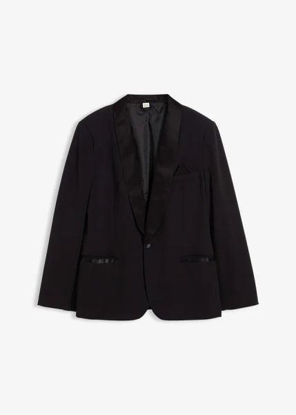 Marynarka smokingowa ze stretchem, slim fit. Czarne garnitury bonprix, m, bez wzorów, z satyny. Za 299.99 zł.