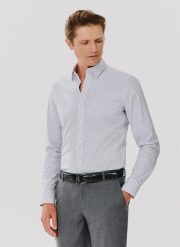 PAKO LORENTE – Biała koszula męska w mikrowzór. Białe koszule Pako Lorente, m, bez wzorów, z bawełny, bez kołnierzyka, bez ramiączek. Za 99.99 zł.