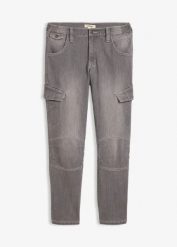 Lekkie jeansy bojówki o kroju regular fit z elastycznym pasem i prostą nogawką. Szare jeansy bonprix, m. Za 64.99 zł.