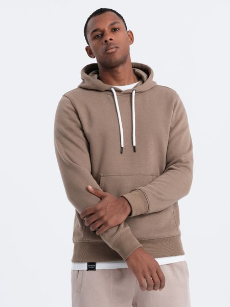 Bluza męska z kapturem nierozpinana - jasnobrązowa V8. Brązowe bluzy Ombre Clothing, m, bez wzorów, z bawełny, z kapturem. W wyprzedaży za 29.99 zł.