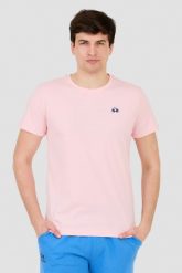 LA MARTINA Różowy t-shirt z małym logo. Czerwone t-shirty La Martina, m, bez wzorów, bez kołnierzyka, bez ramiączek. W wyprzedaży za 179.99 zł.