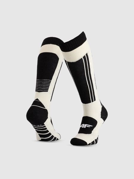 4F Skarpety narciarskie z wełną merino uniseks - białe 35-38. Białe skarpety 4F, bez wzorów, prążkowane. Za 99.99 zł.