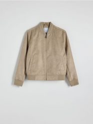 Kurtka bomber z imitacji zamszu - beżowy. Brązowe kurtki Reserved, l, bez wzorów, z zamszu, bez kaptura. Za 219.99 zł.
