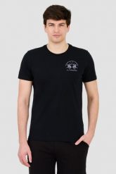 LA MARTINA Czarny t-shirt z dużym logo. Czarne t-shirty La Martina, m, bez wzorów, bez kołnierzyka, bez ramiączek. W wyprzedaży za 199.99 zł.