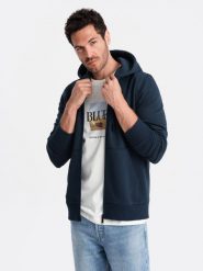 Rozpinana męska bluza dresowa BASIC – granatowa V1 OM-SSBZ-0160 - XXL. Niebieskie bluzy Ombre Clothing, l, bez wzorów, z dresówki, z kapturem. Za 125.99 zł.