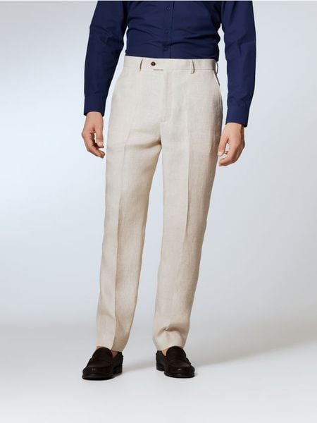 Lniane spodnie garniturowe - beżowy. Brązowe garnitury Reserved, bez wzorów. Za 199.99 zł.