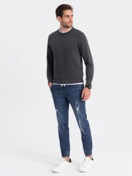 Spodnie męskie JOGGERY jeansowe z przetarciami - niebieskie V3 OM-PADJ-0150 - XL. Niebieskie joggery i bojówki Ombre Clothing, l, bez wzorów, z bawełny. W wyprzedaży za 69.99 zł.