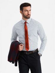 Męska koszula w drobny wzór SLIM FIT - biała V2 - Rozmiar: L. Białe koszule Ombre Clothing, l, bez wzorów, z bawełny, bez kołnierzyka, bez ramiączek. W wyprzedaży za 69.99 zł.
