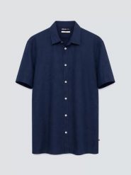 Lniana koszula męska z krótkim rękawem granatowa Linerso 403. Niebieskie koszule BIG STAR, na lato, l, bez wzorów, ze lnu, bez kołnierzyka, bez ramiączek. Za 229.99 zł.