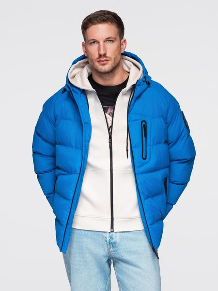 Ocieplana pikowana kurtka męska z raglanowym rękawem – niebieska V2 - Rozmiar: L. Niebieskie kurtki Ombre Clothing, l, z aplikacjami, z materiału, bez kaptura. Za 339.99 zł.