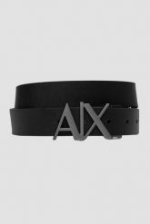 ARMANI EXCHANGE Czarny pasek ze srebrną klamrą. Czarne paski Armani Exchange, bez wzorów. W wyprzedaży za 259.99 zł.