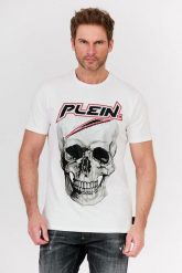 PHILIPP PLEIN Biały t-shirt męski Platinum cut round neck space plein. Białe t-shirty Philipp Plein, l, z aplikacjami, prążkowane, bez kołnierzyka, bez ramiączek. W wyprzedaży za 699.99 zł.