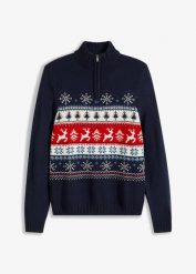 Sweter w norweski wzór, ze stójką. Niebieskie swetry nierozpinane bonprix, m, bez wzorów, bez kołnierzyka, bez ramiączek. Za 129.99 zł.