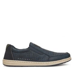 Półbuty Rieker. Niebieskie eleganckie półbuty Rieker, bez wzorów, bez obcasa, bez zapięcia. Za 319.99 zł.