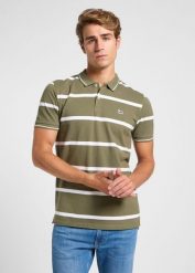 MESKA KOSZULKA LEE PIQUE POLO MERCANTILE GREEN STRIPE 112363858. Zielone koszulki polo Lee, l, bez wzorów, bez kołnierzyka, bez ramiączek. Za 79.99 zł.