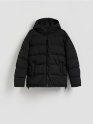 Pikowana kurtka z kapturem - czarny. Czarne kurtki Reserved, l, bez wzorów, z tkaniny, z kapturem. Za 299.99 zł.