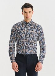 PAKO LORENTE - Granatowa koszula w kwiaty. Koszule Pako Lorente, xl, bez wzorów, z bawełny, bez kołnierzyka, bez ramiączek. Za 119.99 zł.