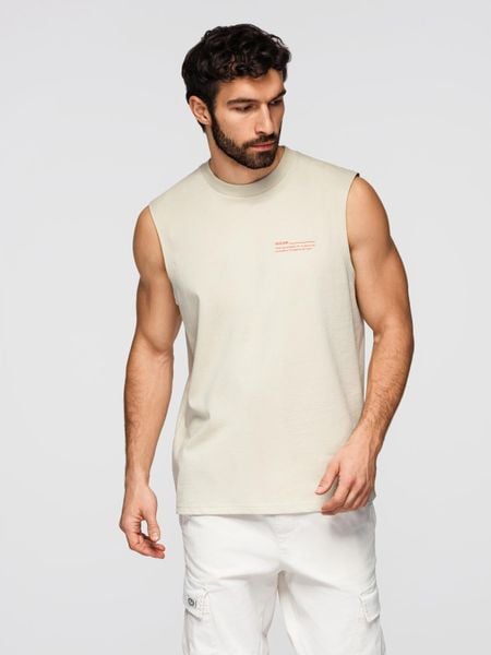 Męska bawełniana koszulka bez rękawów TANK TOP - kremowa V3 - Rozmiar: XXL. Szare bezrękawniki Ombre Clothing, m, bez wzorów, z bawełny, bez kołnierzyka, bez ramiączek. W wyprzedaży za 45.50 zł.