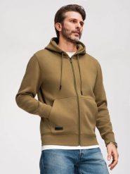 Rozpinana bluza męska dresowa BASIC – oliwkowa V2 - Rozmiar: M. Zielone bluzy Ombre Clothing, m, bez wzorów, z dresówki, z kapturem. W wyprzedaży za 129.99 zł.