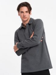 Bluza męska z kołnierzykiem polo ze strukturalnej dzianiny - grafitowy melanż V1 OM-SSNZ-0149 - XXL. Szare bluzy Ombre Clothing, l, bez wzorów, z bawełny, bez kaptura. W wyprzedaży za 59.99 zł.