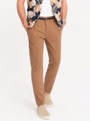 Spodnie męskie chino z ozdobną taśmą w pasie SLIM FIT – brązowe V4 OM-PACP-0118 - XXL. Brązowe eleganckie spodnie Ombre Clothing, na co dzień, l, z bawełny, casualowe. W wyprzedaży za 179.99 zł.