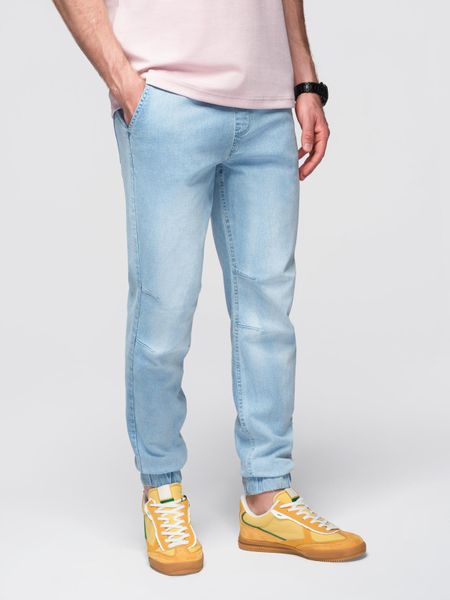 Spodnie męskie JOGGERY jeansowe z efektem sprania - jasnoniebieskie V1 - Rozmiar: M. Niebieskie joggery i bojówki Ombre Clothing, l, z aplikacjami, z bawełny, eleganckie. Za 239.99 zł.