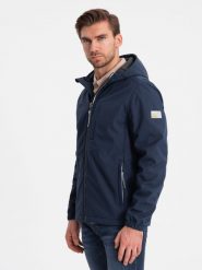 Kurtka męska SOFTSHELL z polarowym środkiem - granatowy V5 OM-JANP-0137 - M. Niebieskie kurtki Ombre Clothing, m, bez wzorów, z elastanu, bez kaptura. Za 173.99 zł.
