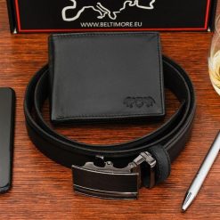 Zestaw męski skórzany portfel pasek duży Beltimore U89. Czarne paski bez wzorów. Za 124.90 zł.