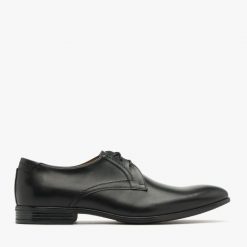 Czarne półbuty męskie. Czarne eleganckie półbuty Ryłko, bez wzorów, ze skóry, bez obcasa, bez zapięcia. Za 429.99 zł.
