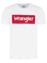 T-SHIRT MĘSKI WRANGLER SS LOGO TEE WHITE W742FK989 112131082. Białe t-shirty Wrangler, m, bez wzorów, z bawełny, bez kołnierzyka, bez ramiączek. Za 69.99 zł.