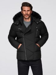 Kurtka pikowana męska o kroju ramoneski z kapturem - czarna V1 - Rozmiar: M. Czarne kurtki Ombre Clothing, na zimę, l, bez wzorów, z materiału, z kapturem. Za 589.99 zł.